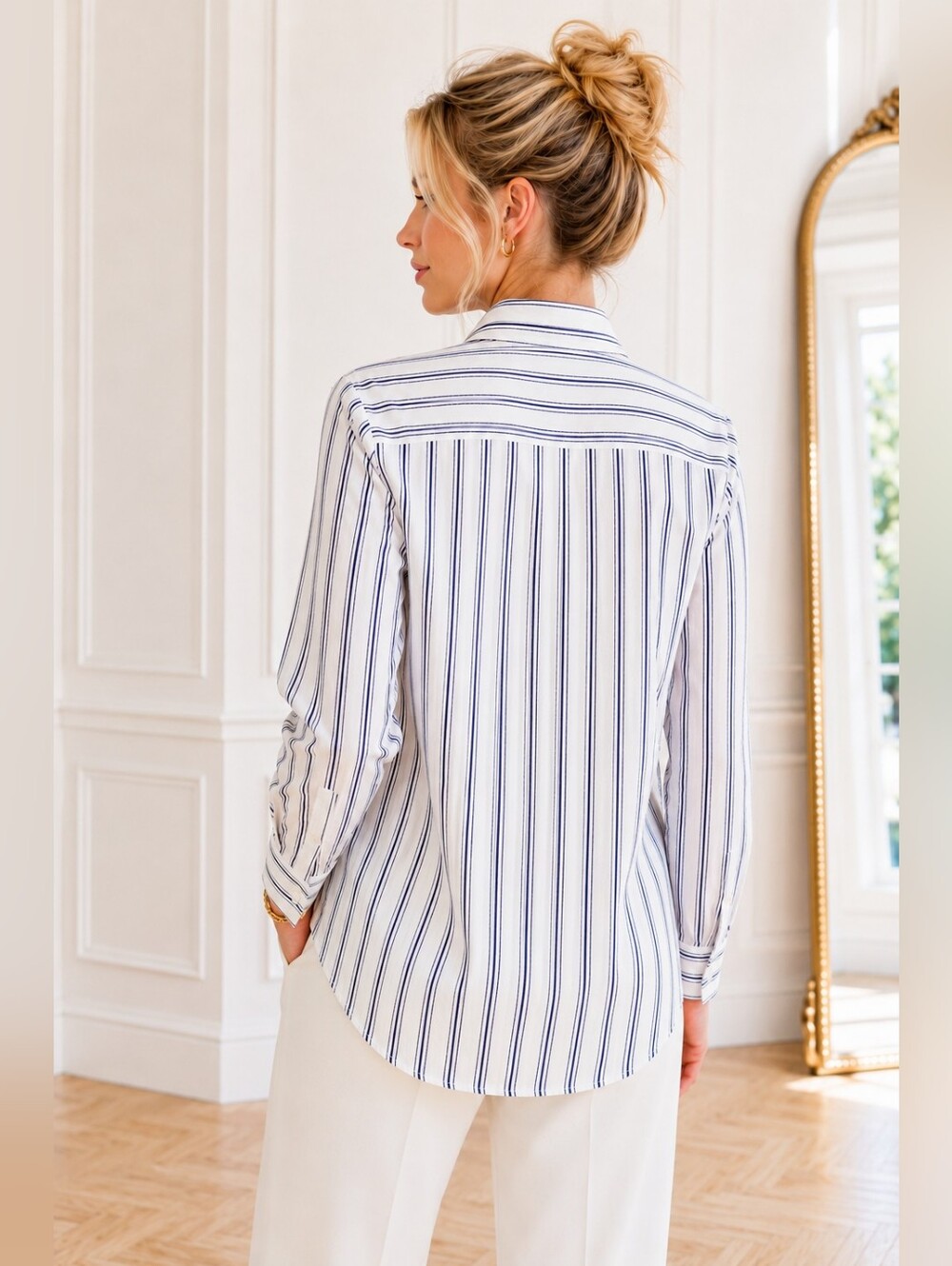 Nine West Blue & White Striped Button-Up Blouse | Cotton Blend | Size Medium | - Picture 2 of 8